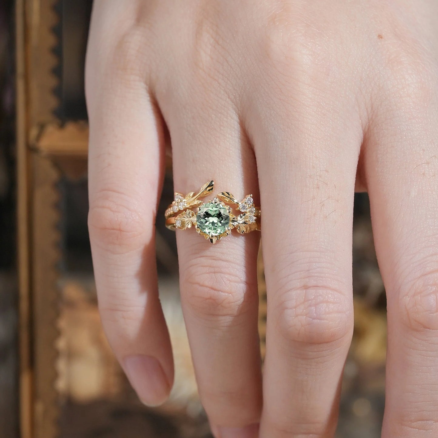 Leaf Inspired Green Sapphire Bridal Set 2pcs-Zora