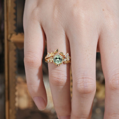 Leaf Inspired Green Sapphire Bridal Set 2pcs-Zora