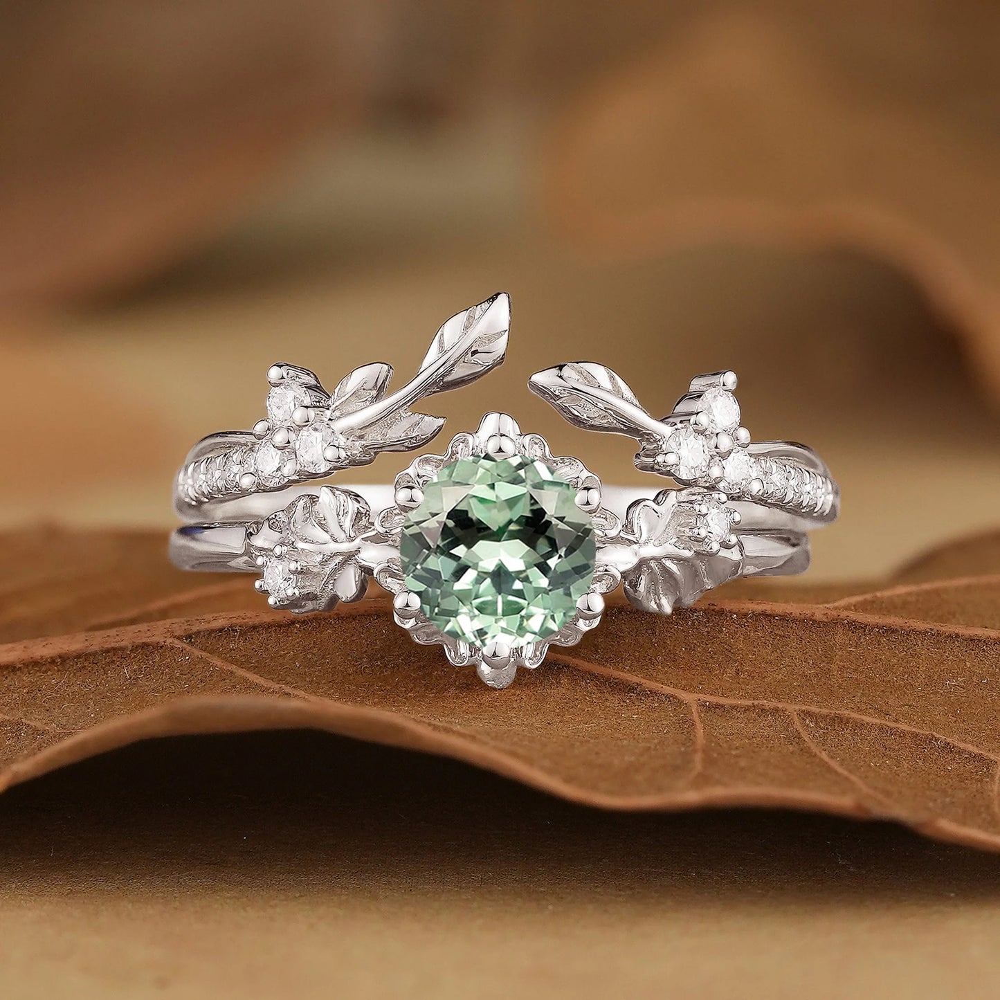 Leaf Inspired Green Sapphire Bridal Set 2pcs-Zora