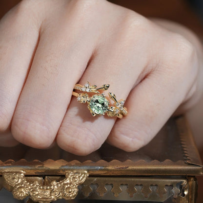 Leaf Inspired Green Sapphire Bridal Set 2pcs-Zora