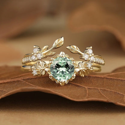 Leaf Inspired Green Sapphire Bridal Set 2pcs-Zora