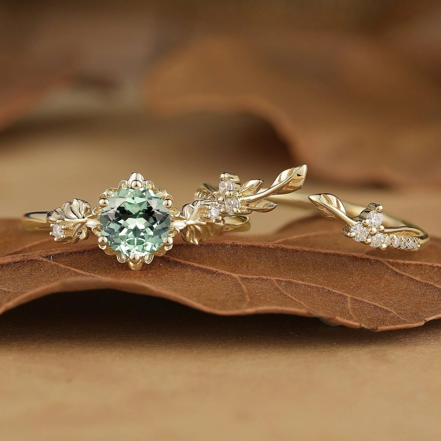 Leaf Inspired Green Sapphire Bridal Set 2pcs-Zora