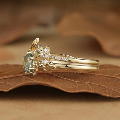 Leaf Inspired Green Sapphire Bridal Set 2pcs-Zora