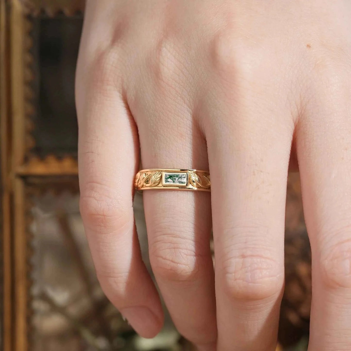 Leaf Inspired Rectangle Moss Agate Men's Band - Zane