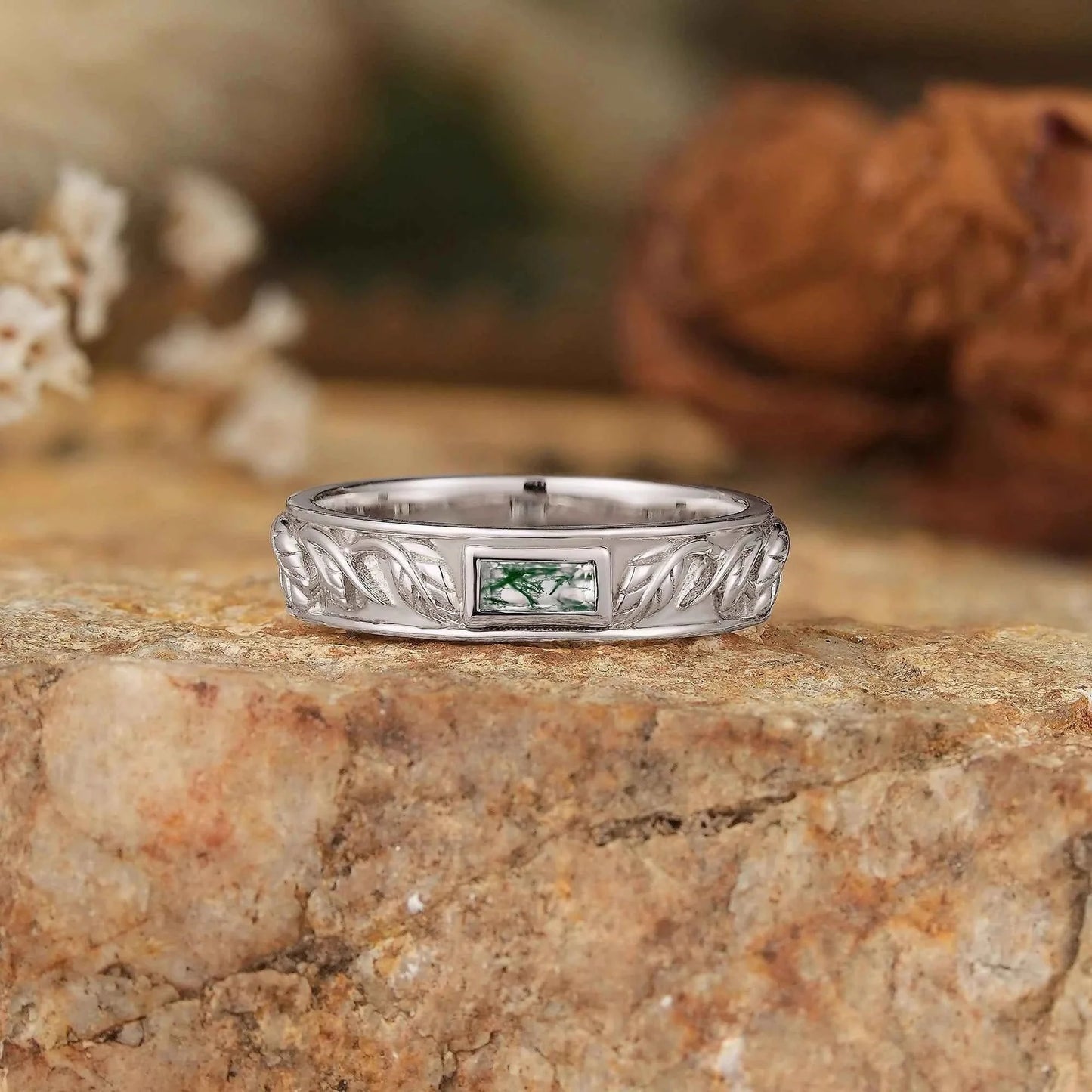 Leaf Inspired Rectangle Moss Agate Men's Band - Zane