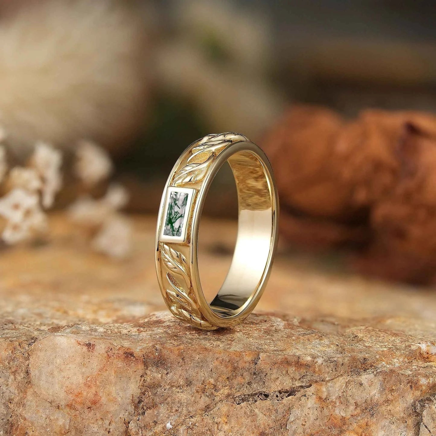 Leaf Inspired Rectangle Moss Agate Men's Band - Zane