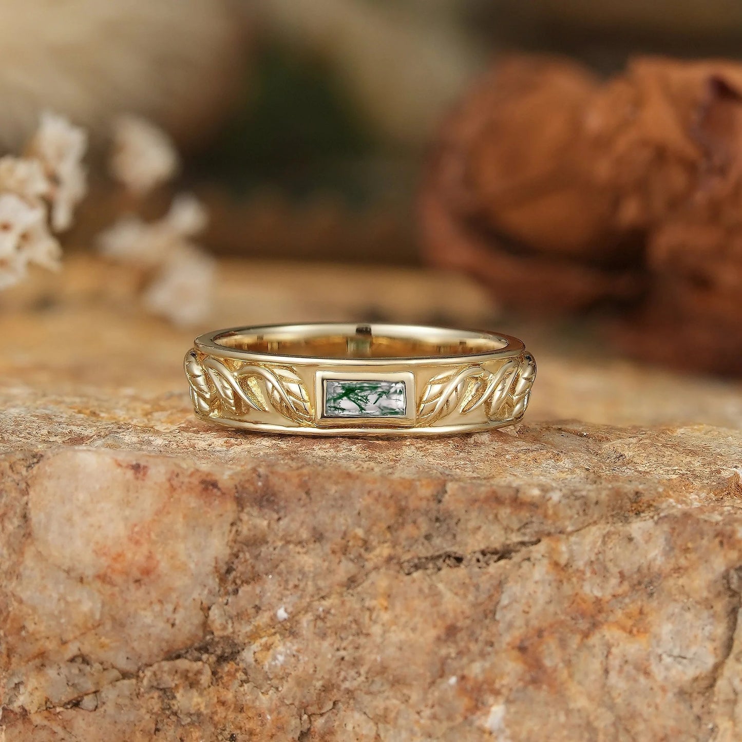 Leaf Inspired Rectangle Moss Agate Men's Band - Zane