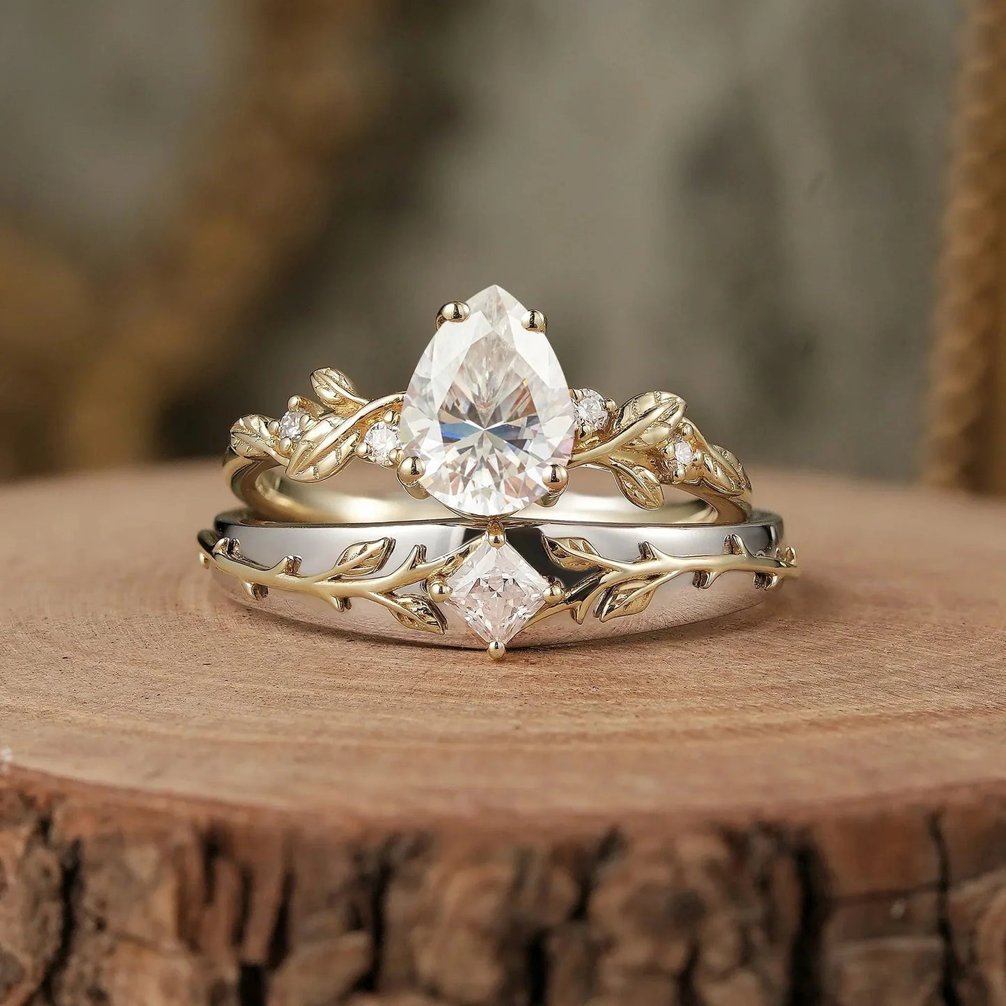 Leaf lnspired Moissanite Couple Ring Set-Lock & Key