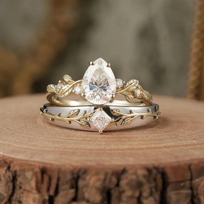 Leaf lnspired Moissanite Couple Ring Set-Lock & Key
