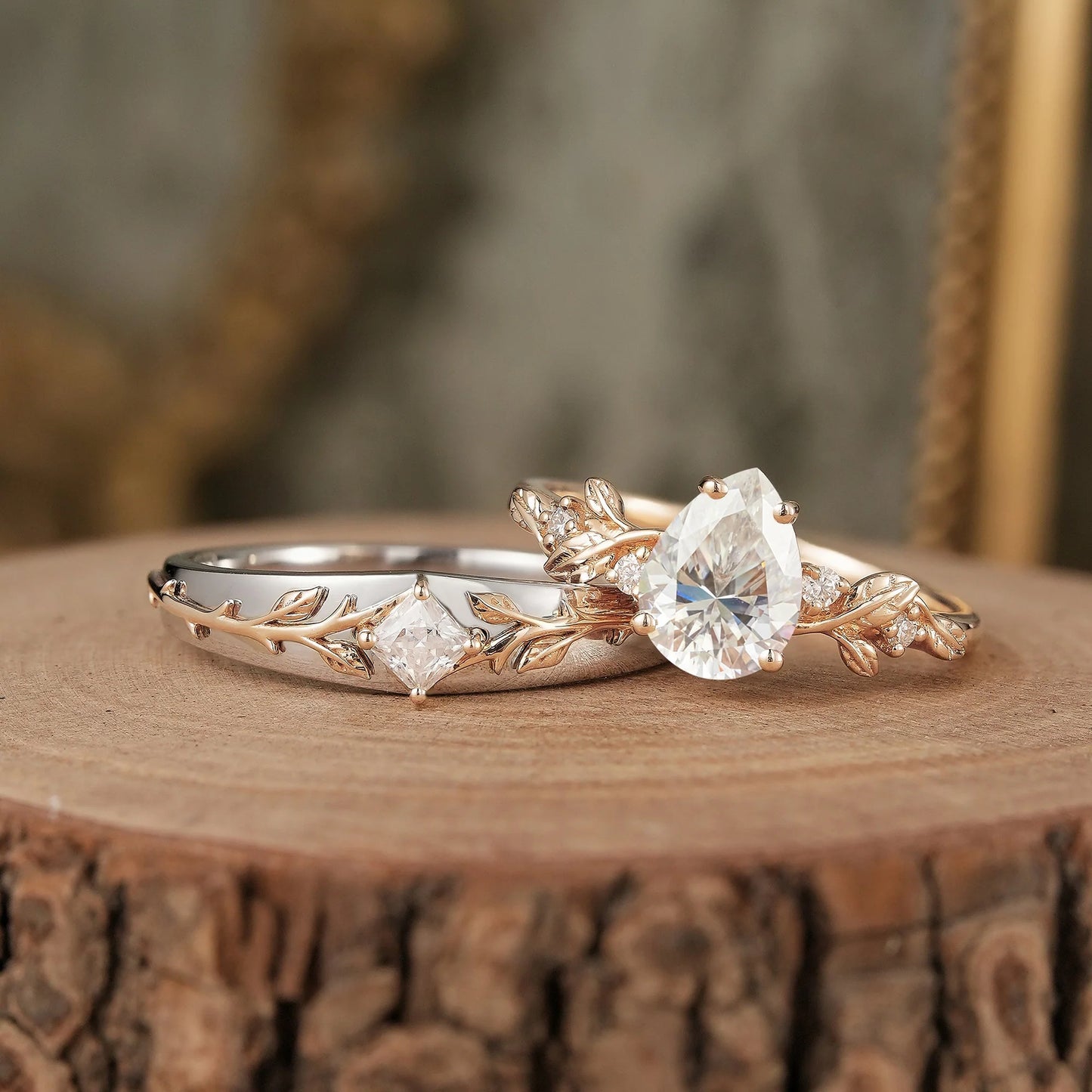 Leaf lnspired Moissanite Couple Ring Set-Lock & Key