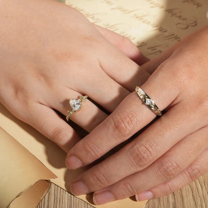 Leaf lnspired Moissanite Couple Ring Set-Lock & Key