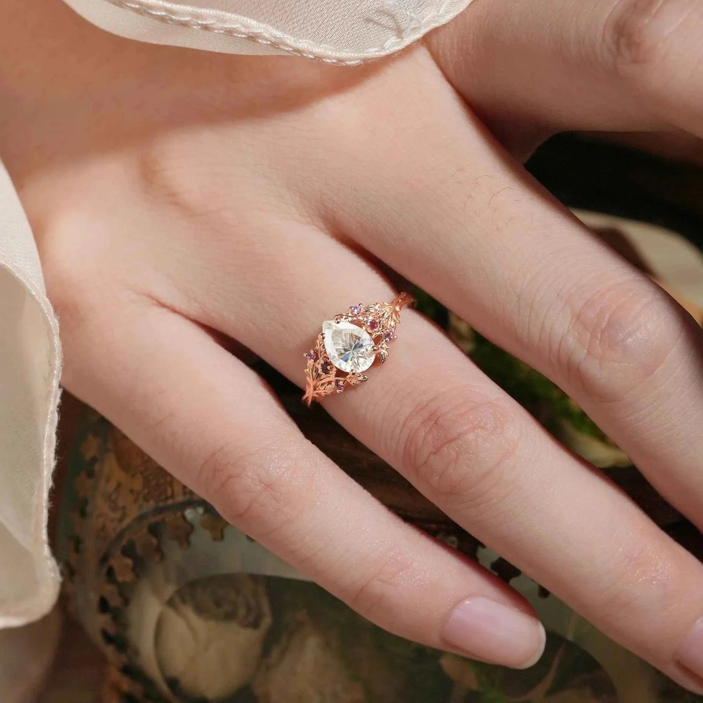 Leaf Moissanite & Ruby Engagement Ring - Matilda