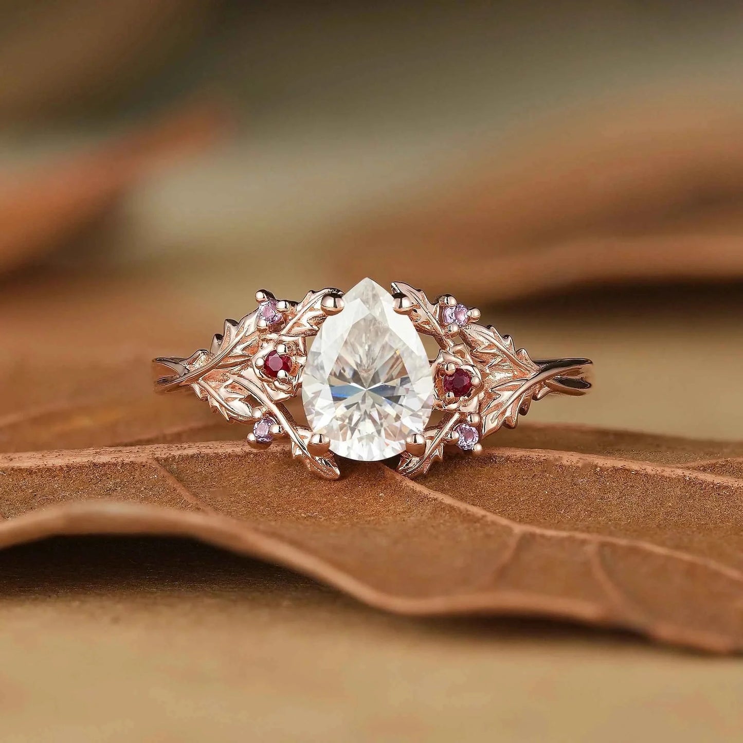 Leaf Moissanite & Ruby Engagement Ring - Matilda