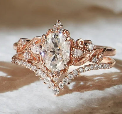 Oval Cut Moissanite Leaf Engagement Ring Set 2pcs