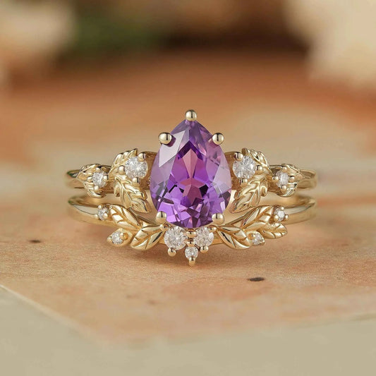 leafy Inspired Purple Sapphire & Moissanite Ring Set-Thalia