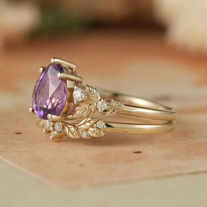 leafy Inspired Purple Sapphire & Moissanite Ring Set-Thalia
