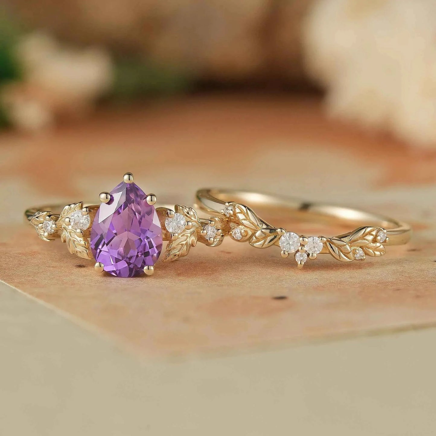 leafy Inspired Purple Sapphire & Moissanite Ring Set-Thalia