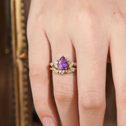 leafy Inspired Purple Sapphire & Moissanite Ring Set-Thalia