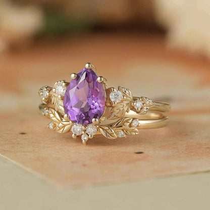 leafy Inspired Purple Sapphire & Moissanite Ring Set-Thalia