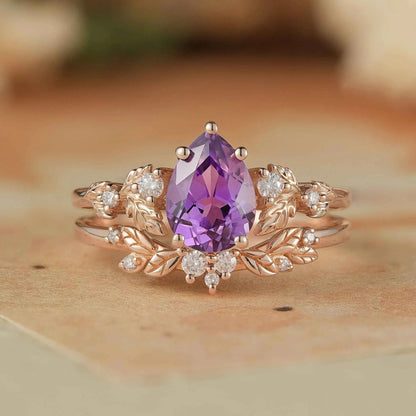leafy Inspired Purple Sapphire & Moissanite Ring Set-Thalia
