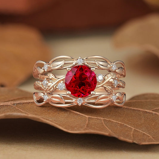 Leafy Inspired Ruby & Moissanite Enhancer Ring Set-Rue