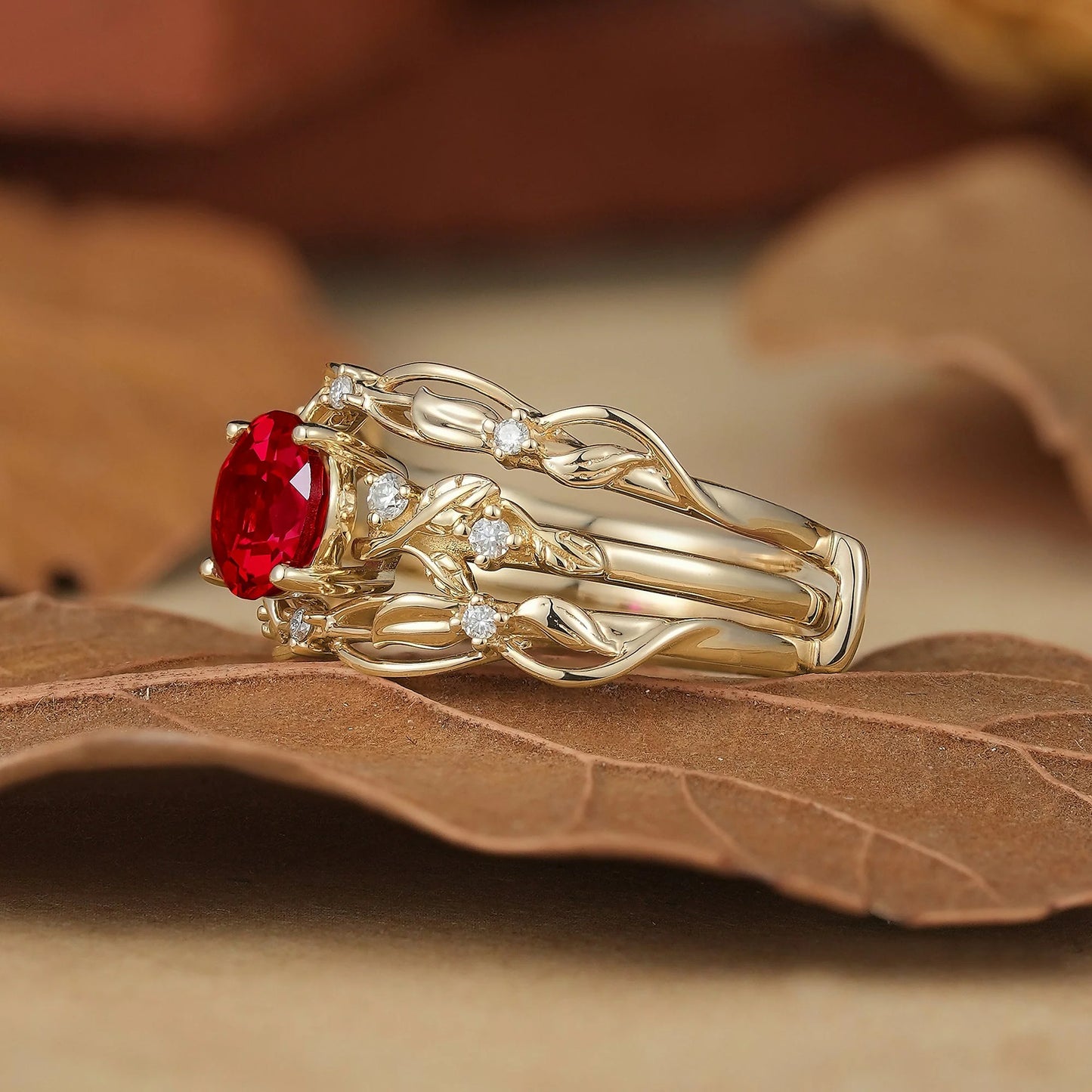 Leafy Inspired Ruby & Moissanite Enhancer Ring Set-Rue