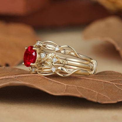 Leafy Inspired Ruby & Moissanite Enhancer Ring Set-Rue