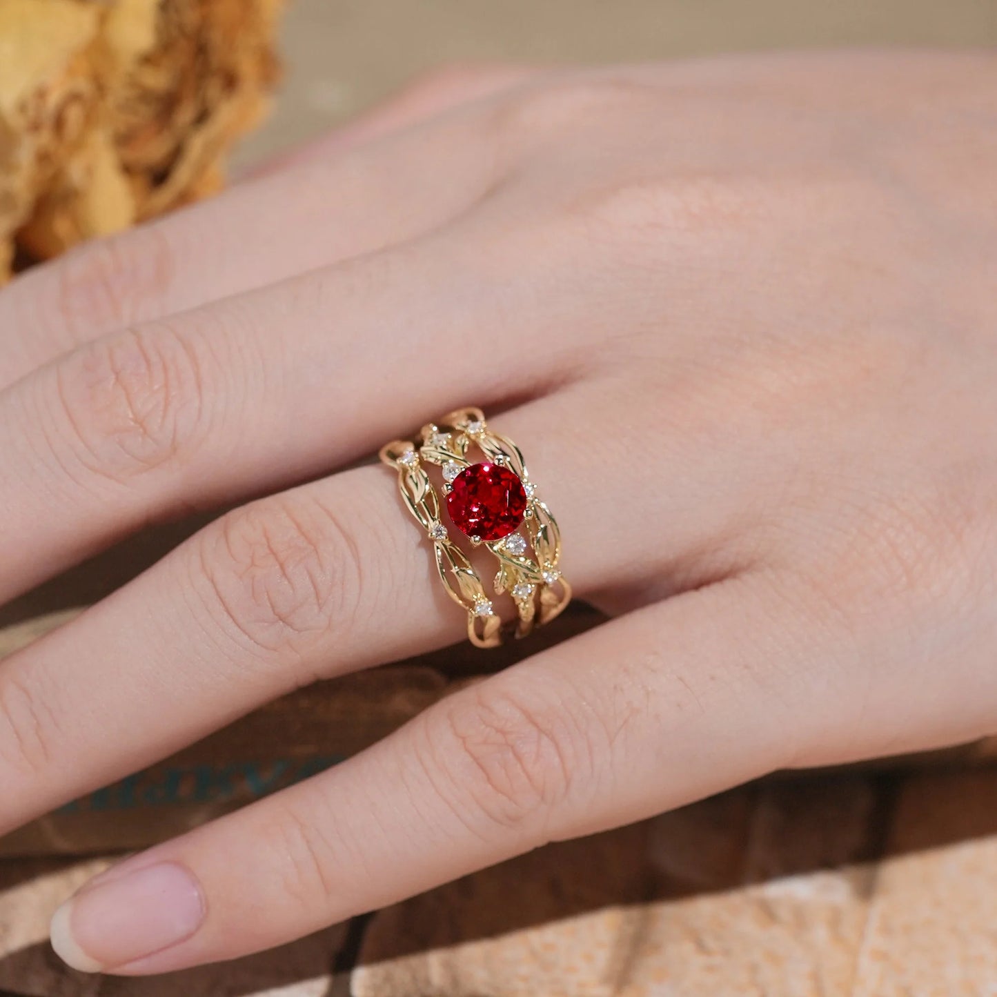 Leafy Inspired Ruby & Moissanite Enhancer Ring Set-Rue