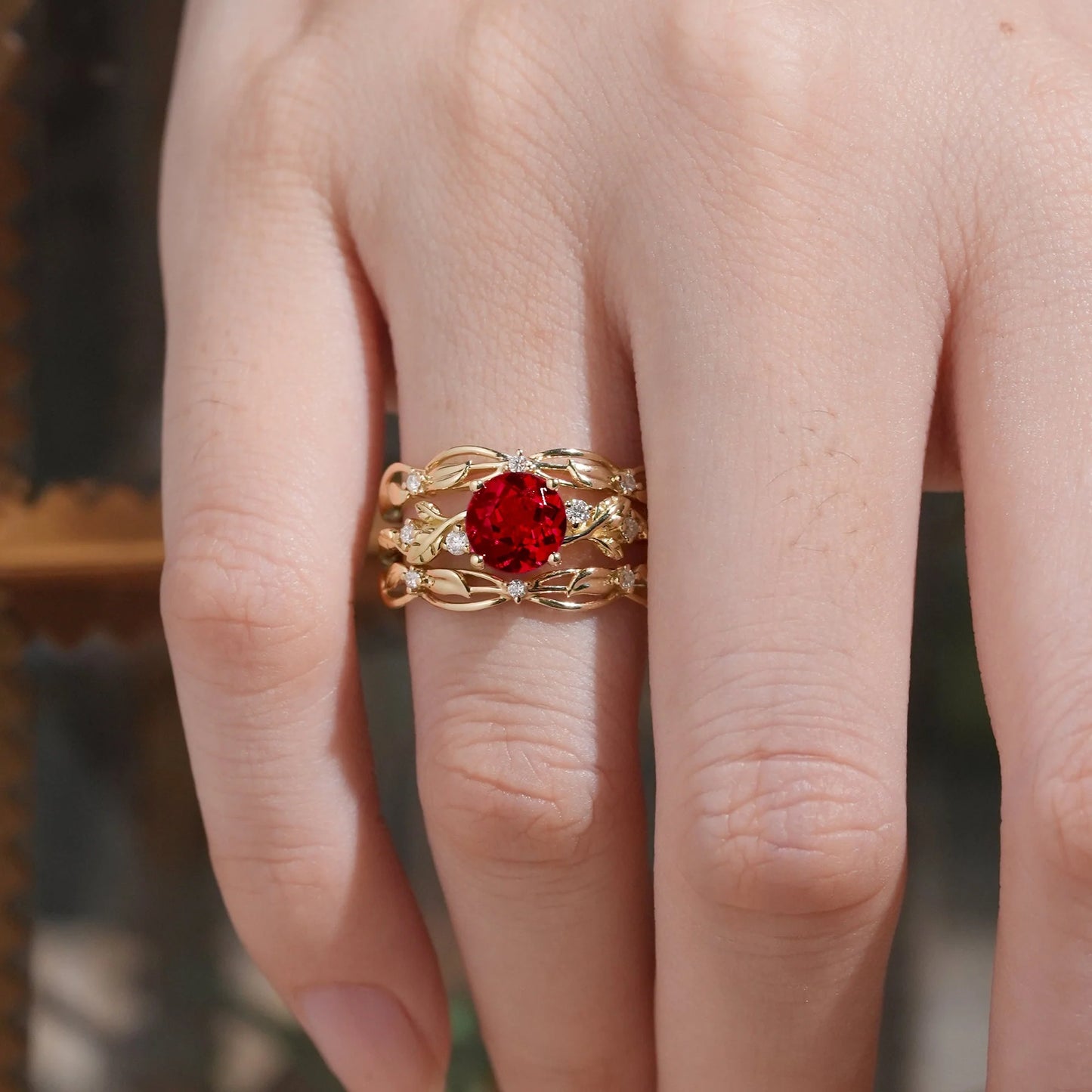 Leafy Inspired Ruby & Moissanite Enhancer Ring Set-Rue