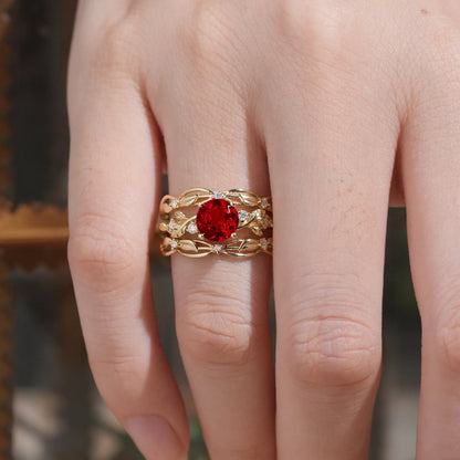 Leafy Inspired Ruby & Moissanite Enhancer Ring Set-Rue