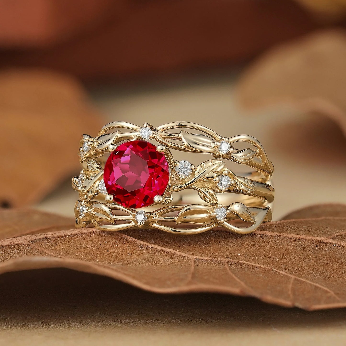 Leafy Inspired Ruby & Moissanite Enhancer Ring Set-Rue