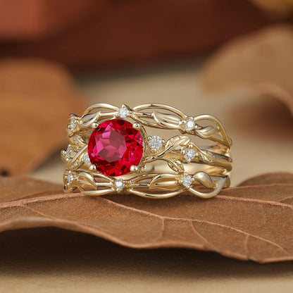 Leafy Inspired Ruby & Moissanite Enhancer Ring Set-Rue