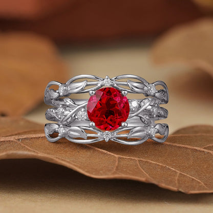 Leafy Inspired Ruby & Moissanite Enhancer Ring Set-Rue