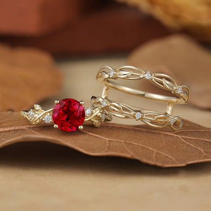 Leafy Inspired Ruby & Moissanite Enhancer Ring Set-Rue