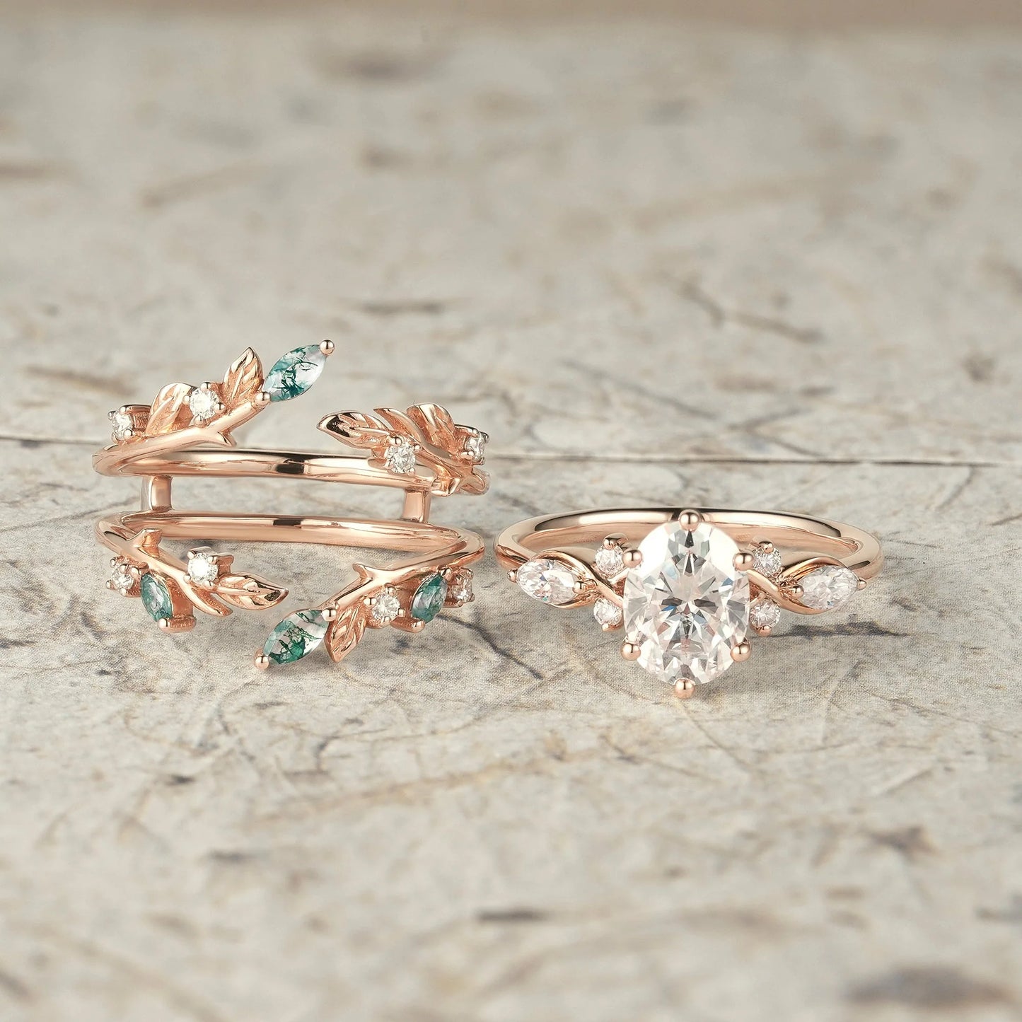 Leafy Oval Moissanite & Moss Agate Engagement Ring Set-Rowena