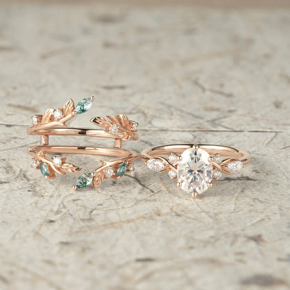 Leafy Oval Moissanite & Moss Agate Engagement Ring Set-Rowena