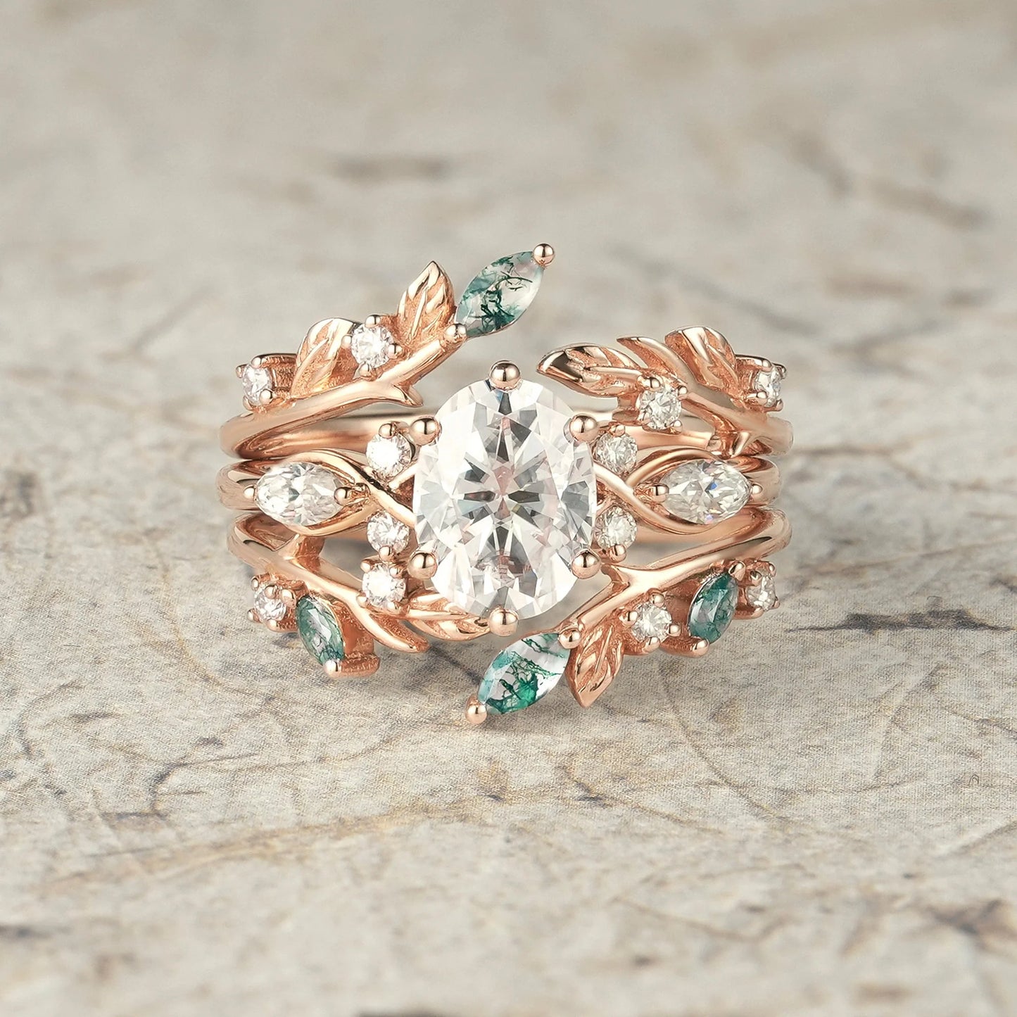 Leafy Oval Moissanite & Moss Agate Engagement Ring Set-Rowena