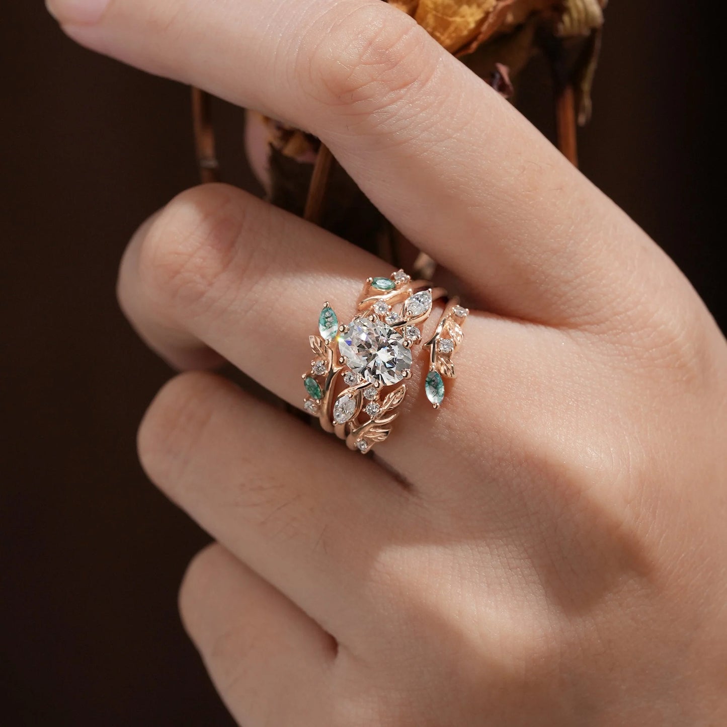 Leafy Oval Moissanite & Moss Agate Engagement Ring Set-Rowena