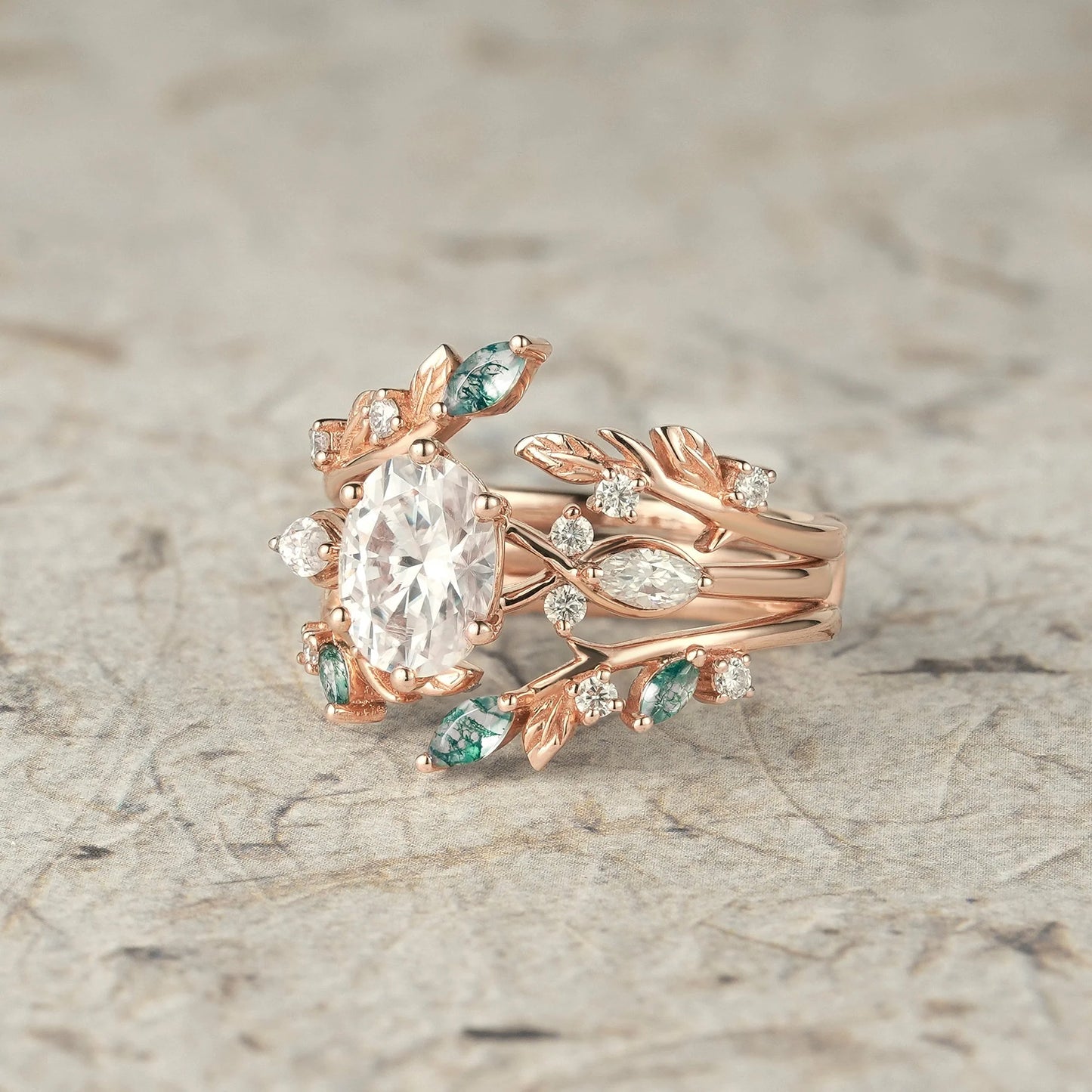 Leafy Oval Moissanite & Moss Agate Engagement Ring Set-Rowena