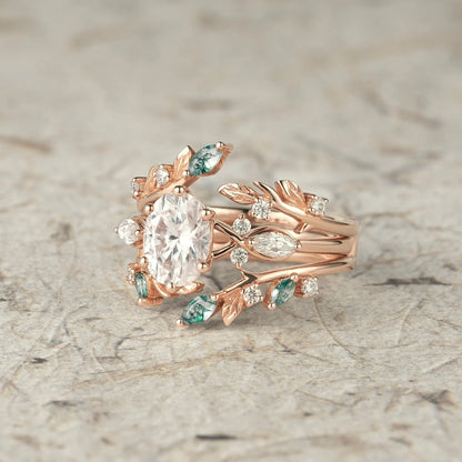 Leafy Oval Moissanite & Moss Agate Engagement Ring Set-Rowena