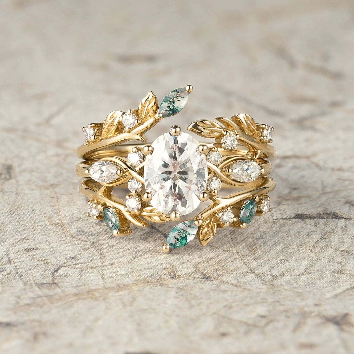 Leafy Oval Moissanite & Moss Agate Engagement Ring Set-Rowena