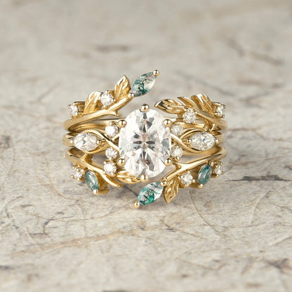 Leafy Oval Moissanite & Moss Agate Engagement Ring Set-Rowena