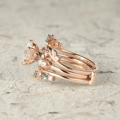 Leafy Oval Moissanite & Moss Agate Engagement Ring Set-Rowena