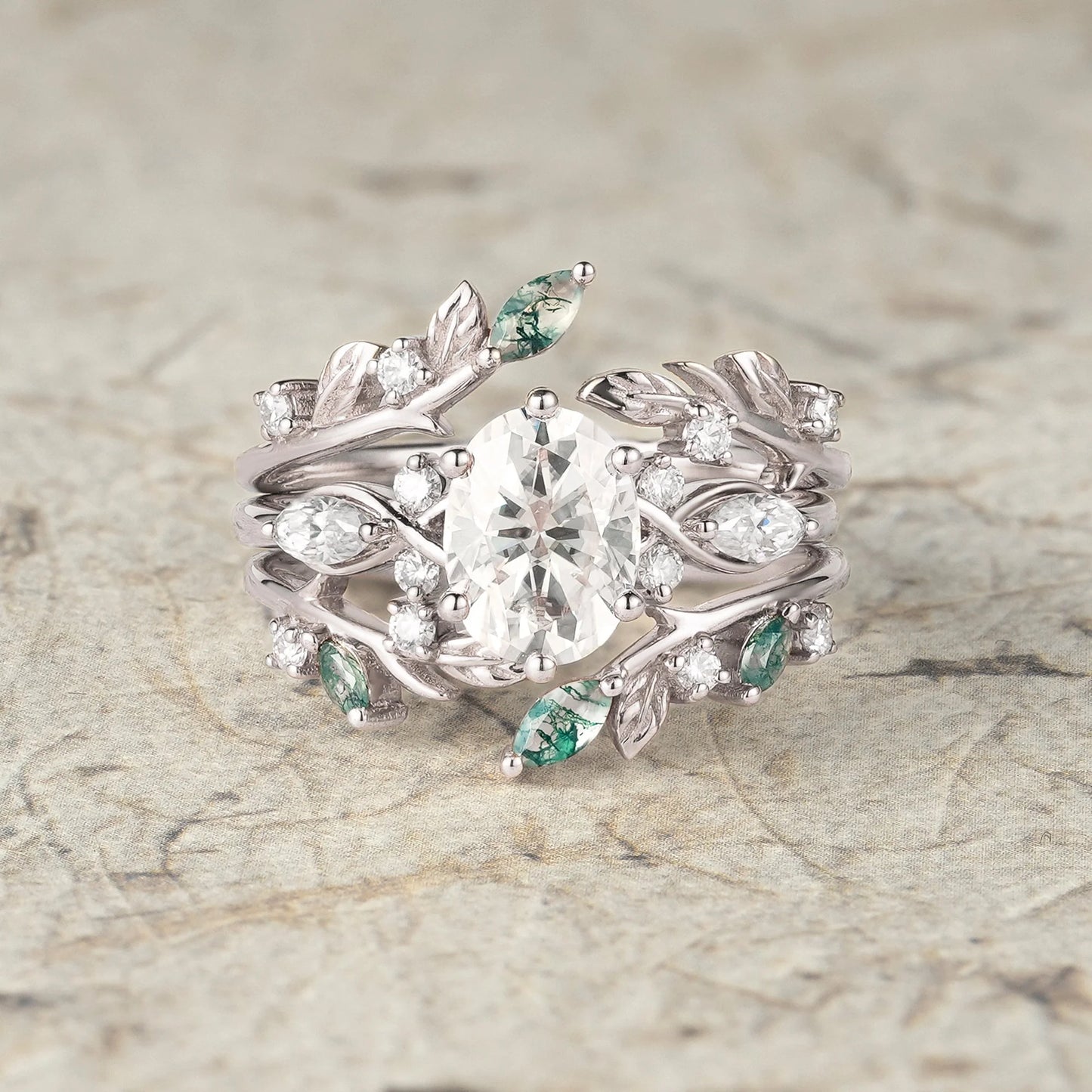Leafy Oval Moissanite & Moss Agate Engagement Ring Set-Rowena