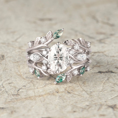 Leafy Oval Moissanite & Moss Agate Engagement Ring Set-Rowena