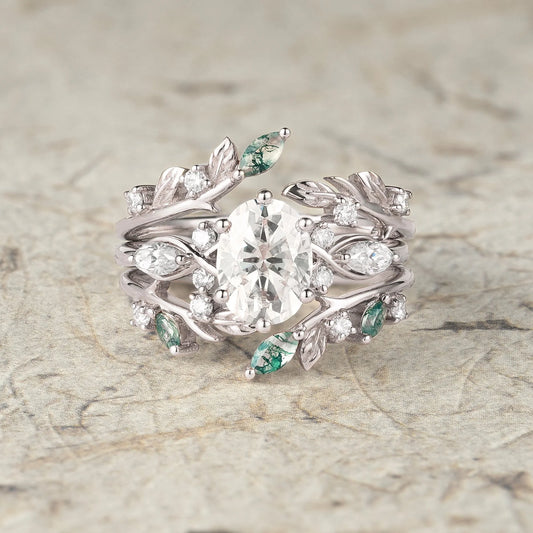 Leafy Oval Moissanite & Moss Agate Engagement Ring Set-Rowena
