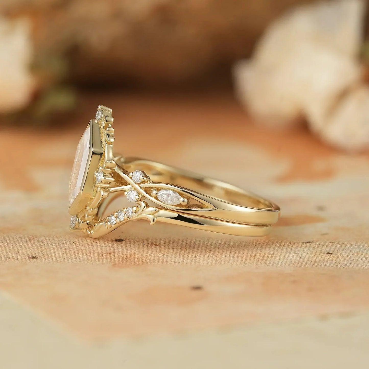 Long Hexagon Portrait Cut Moissanite Ring Set 2pcs-Calla - GemsMagic
