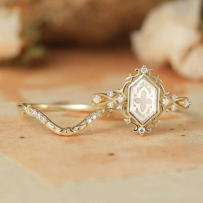 Long Hexagon Portrait Cut Moissanite Ring Set 2pcs-Calla - GemsMagic