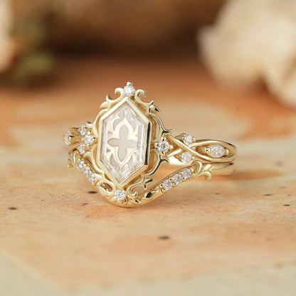 Long Hexagon Portrait Cut Moissanite Ring Set 2pcs-Calla - GemsMagic