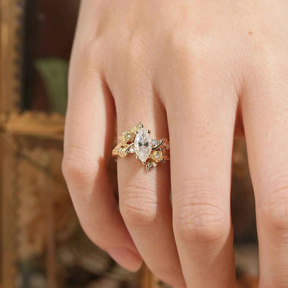 Marquise Cut Moissanite Flower Inspired Engagement Ring - Rose Blossom